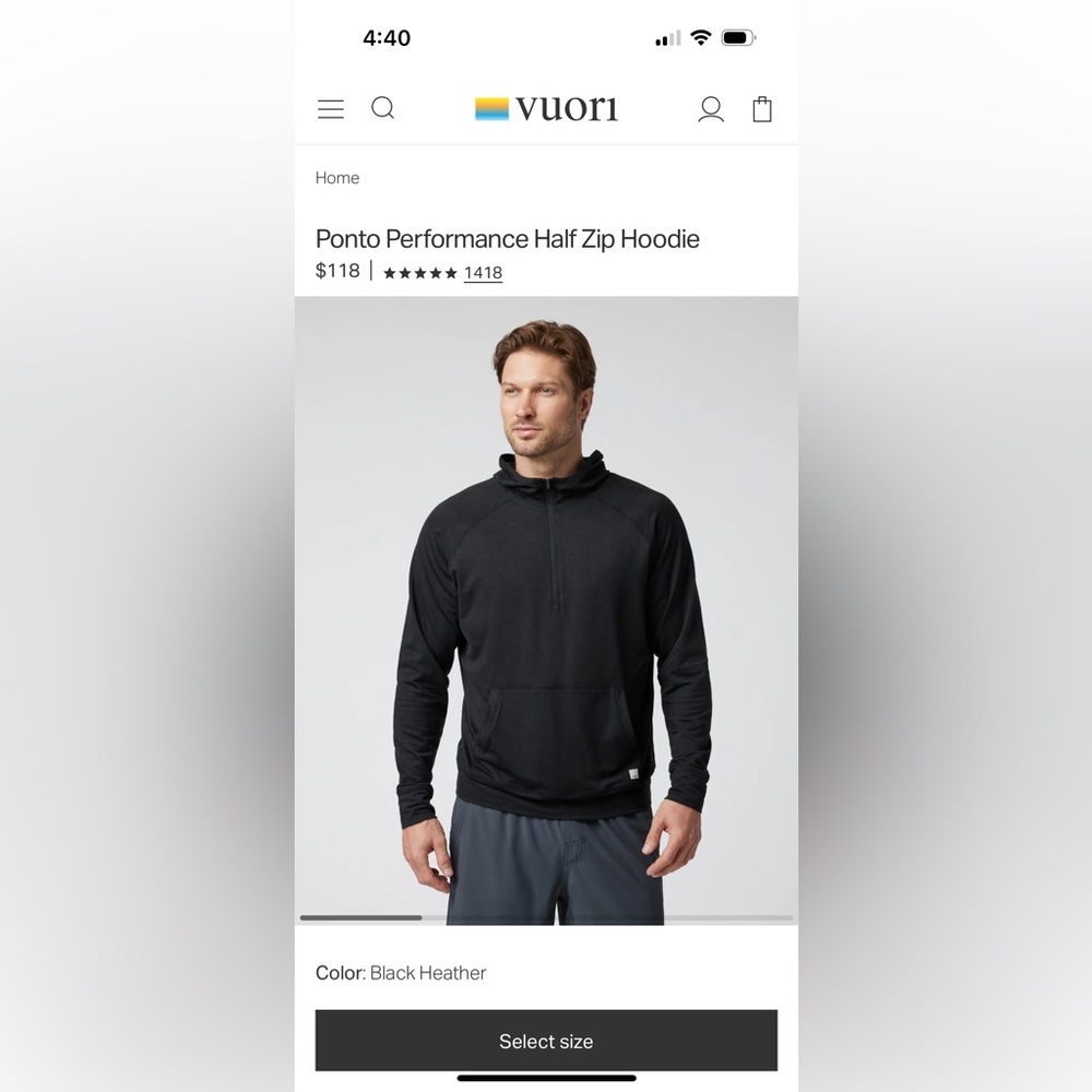 Vuori Men's Ponto Performance 1/2 zip Hoodie
